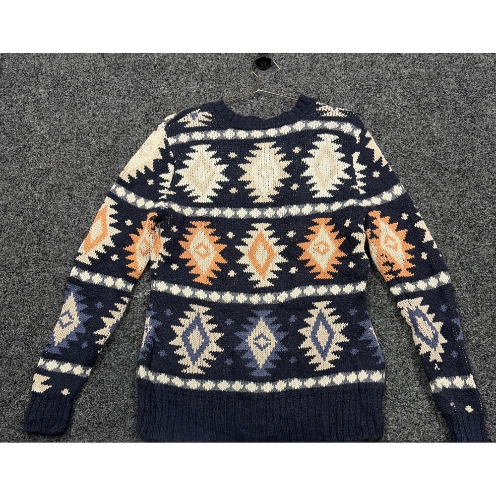 LL Bean Signature Sweater Women L Navy Blue Fair Isle Aztec Cotton Knit 506546 - Picture 5 of 5